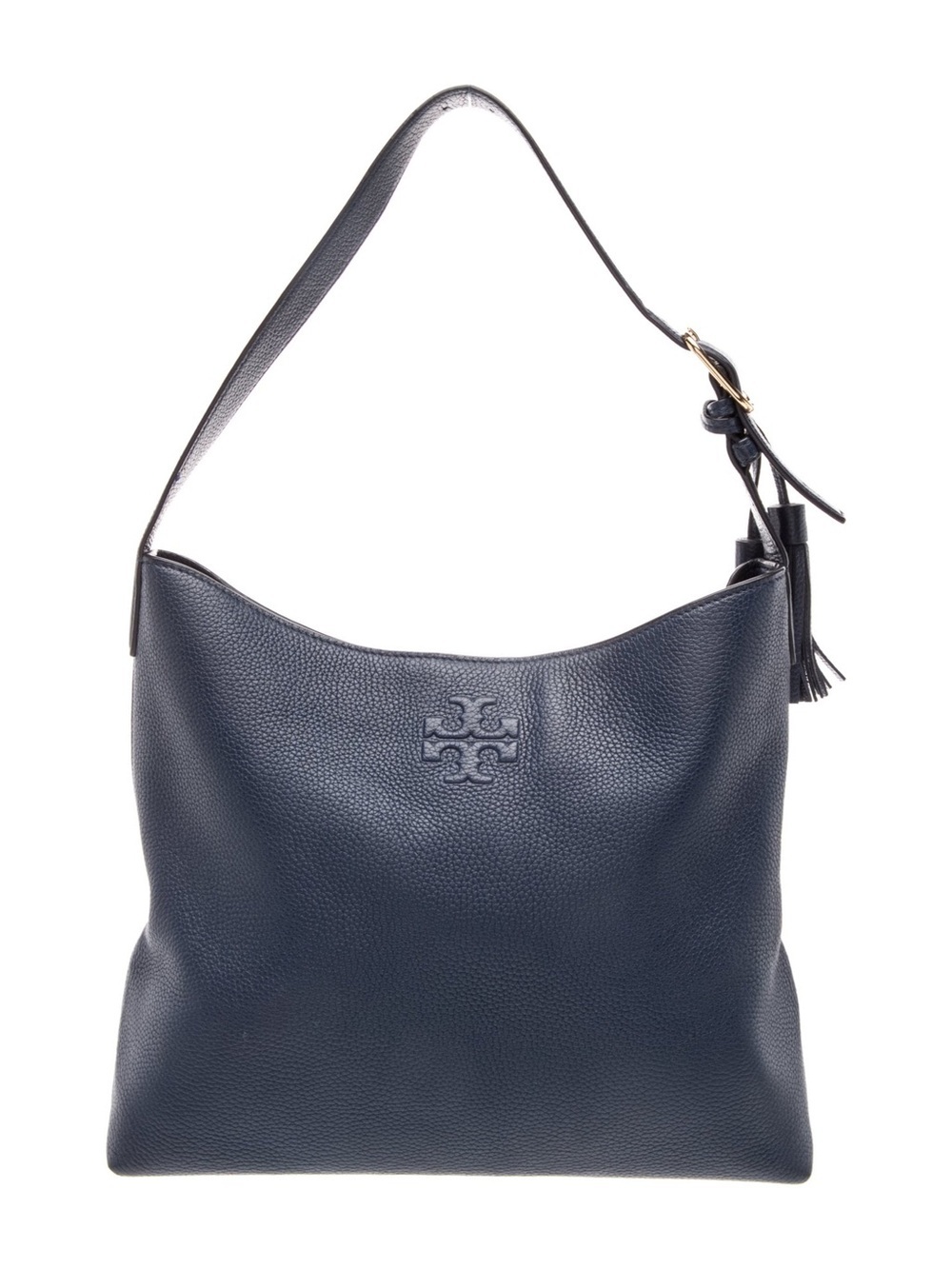 Tory Burch Navy Pebbled Leather Shoulder Hobo with Tassel
